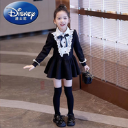 迪士尼（Disney）女童連衣裙春秋季新款韓版洋氣兒童女孩學院風赫本風公主裙子 黑色連衣裙 適中款 (蝴蝶結(jié)) 160