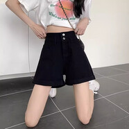 以純（YISHion）牛仔短褲女2025年夏季新款毛邊破洞高腰褲子顯瘦闊 黑色(豎雙排扣) S 建議【80-90斤】