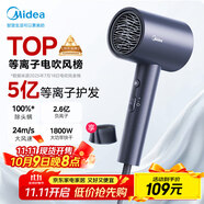 美的（Midea）5億等離子護發(fā)電吹風(fēng) 家用負離子吹風(fēng)筒 1800W大功率 便攜吹風(fēng)機 FJ308藍 節日/生日禮物推薦 
