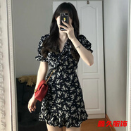 美安嘉法式v領(lǐng)碎花連衣裙新款夏季小個子赫本黑色顯瘦仙女魚尾短裙 花色-顯瘦遮肚子連衣裙 M 45/55kg -顯瘦遮肚子連衣裙