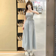 妙奕嘉連衣裙女士裙子夏天女裝2025夏季新款新品少女感海邊沙灘純欲長裙 茶歇法式淺藍(lán)收腰抽繩裙 L