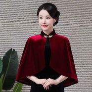 澤木檀 旗袍披肩春秋款金絲絨旗袍披肩外搭高端禮服披風斗篷氣質媽媽繡花短外套女 酒紅(純色) 2XL (建議105-125斤)