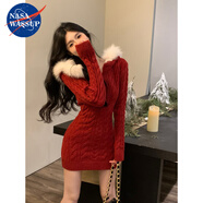 NASAWASSUP純欲辣妹圣誕性感跨年戰(zhàn)袍連衣裙女秋冬連帽毛領針織紅色包臀裙子 紅色【性感跨年戰(zhàn)袍】厚實賊保暖 S
