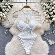 思鸞掛脖鏤空蕾絲鉤花網(wǎng)紗吊帶連體衣女歐美純欲辣妹網(wǎng)紅露背連體上衣 白色 L