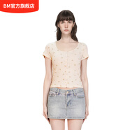 BM上衣短袖T恤女純棉開衫2025新款女夏季小碎花少女純欲風(fēng)針織衫 卡其紅花 均碼
