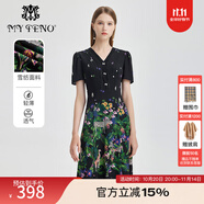 MY TENO春夏新款黑色V領(lǐng)印花連衣裙A字裙雪紡收腰MTS808DR0 黑色 M