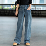 OKOJ品牌定制牛仔褲女冬季新款高腰顯瘦加厚休閑寬松百搭加絨闊腳褲 牛仔藍 XL