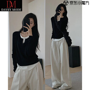 DAVEY MODE黑色假兩件v領(lǐng)內(nèi)搭打底衫女早秋修身短款毛衣長袖針織衫春秋秋季 黑色【zt】【感/春秋款 M 建議95-105斤