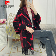 皮爾卡丹披肩外套女秋冬新款斗篷時尚帶袖流蘇外搭圍巾兩用針織開衫蝙蝠式 黑色