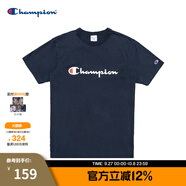 Champion夏季經典款印花草寫LOGO圓領休閑運動T恤無性別冠軍短袖男女情侶 藏青色(偏薄） M