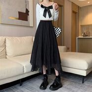 雷黛茜 溫柔系不規則網(wǎng)紗a字半身裙中長(cháng)款新款秋冬季裙子 黑色 常規款 S