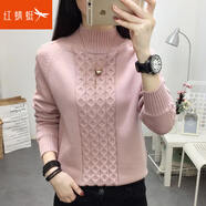 紅蜻蜓針織衫女春季新款半高領(lǐng)長袖加厚毛衣女打底女裝加絨外套上衣衫 粉色不加絨 均碼 【適合90-145斤】