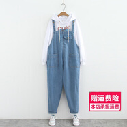 HKWZ300斤胖妹加肥加大碼女裝胖mm牛仔背帶褲女顯瘦長(cháng)褲寬松200春秋裝 淺藍色（單件背帶褲） 5XL(建議180-195斤)