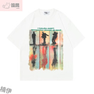 琉鳳秋風(fēng)如初涂鴉倒影短袖T恤男女寬松潮牌oversize炫酷休閑半袖上衣 白色 L