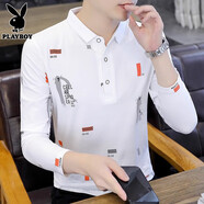 花花公子（PLAYBOY ESTABLISHED 1953）純棉長(zhǎng)袖t恤男士休閑翻領(lǐng)打底上衣秋季印花潮流polo衫男T 9806白色 9806白色 XL  121-140斤