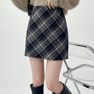 啄木鳥(niǎo)（TUCANO）大碼微胖MM毛呢半身裙秋冬復古短裙女高腰A字格子包臀裙梨形身材 黑藍色 高品質(zhì) 有安全褲 M 建議93斤-103斤