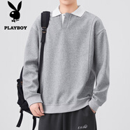 花花公子（PLAYBOY）春秋季新款男士休閑衛(wèi)衣翻領(lǐng)假兩件寬松衫長袖恤上衣男 KDF6170灰色 XL 【建議：130-145斤】