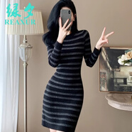 綠夕（REAXUR）修身包臀連衣裙女秋冬2025新款小香風(fēng)氣質(zhì)條紋高檔女士針織毛衣裙 黑色 M （建議96斤-106斤）