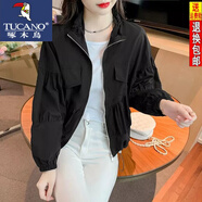 啄木鳥短款外套女洋氣長袖外套女23春裝新款韓版寬松顯瘦復(fù)古夾克 黑色 2XL【建議125-135斤】
