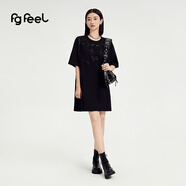 普普風(fēng)24夏新品女裝重工蝴蝶結釘珠亮片拼接蕾絲寬松T恤連衣裙PB3L9256S 黑色 均碼