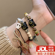 伊莉洛復古可愛小貓咪手鏈小眾氣質設計可愛串珠手串閨蜜情侶陶瓷手鏈 骷髏貓咪頭+多寶編織貓咪手鏈