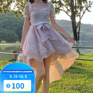 梵奧格（FANAOGE）生日穿在逃公主法式連衣裙公主風燕尾方領蓬蓬裙前短后長拖尾可愛 圖片色4 粉色燕尾版 L