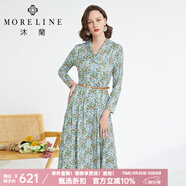 MORELINE沐蘭優(yōu)雅印花連衣裙2023年秋新款女士田園小碎花中長(cháng)款百搭 綠花 2XL 44/XXL