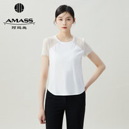 阿瑪施（AMASS）女裝新款圓領(lǐng)拼接蕾絲萊賽爾短袖T恤女5300653 白 XL(5碼)