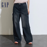 Gap女裝春秋純棉工裝風(fēng)闊腿褲時(shí)尚百搭寬松牛仔褲873049 黑色 26亞洲尺碼