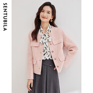 尚都比拉冬季圓領(lǐng)小香風(fēng)毛呢外套女小個(gè)子羊毛呢子大衣短款 粉色 L 