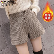啄木鳥(niǎo)毛呢格子短褲女2025秋冬新款高腰a字闊腿褲顯瘦短褲時(shí)尚外穿靴褲 咖色【有內襯】 M