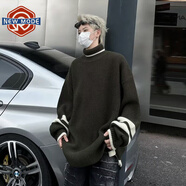 NEW OR MODE高領(lǐng)毛衣男秋冬季新款加絨加厚條紋針織衫寬松慵懶保暖高級感外套 XZ601-1-M7046綠色 2XL