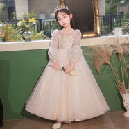 布戀貓女童禮服公主裙長(cháng)袖蓬蓬紗花童婚紗兒童鋼琴演出服婚禮主持人 香檳色 140