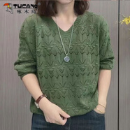 啄木鳥(niǎo)毛衣女洋氣春秋新款寬松套頭長(cháng)袖針織衫氣質(zhì)中年媽媽裝休閑打底衫 綠色 3XL 建議135-145斤