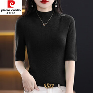 皮爾卡丹（pierre cardin）春秋半高領(lǐng)針織短袖女修身百搭T恤五分袖上衣2026新款打底衫半袖 黑色 2XL