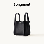 Songmont中號菜籃子系列女設計師款頭層牛皮大容量通勤手提包 黑色（帆布內(nèi)膽）白鋼五金 現(xiàn)貨