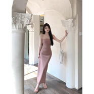 GUOCILRN高級感長(cháng)裙抹胸裹胸性感連衣裙夏季黑色一字肩包臀裙女裝氣質(zhì)裙子 奶茶色 M