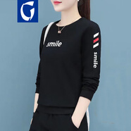 guah 衛(wèi)衣女春秋新款韓版加絨寬松休閑時尚秋季長袖百搭冬季女裝外套 黑色上衣 3XL（136斤-150斤）