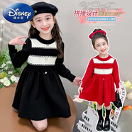迪士尼（Disney）女童長(cháng)袖珍珠韓版毛衣連衣裙2024春秋裝兒童洋氣拼色毛線(xiàn)衣公主裙 黑色 110
