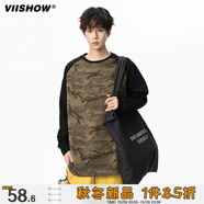 viishow拼接插肩袖圓領(lǐng)T恤男秋款美式迷彩長(cháng)袖打底上衣男士寬松體恤衫 迷彩軍綠 S