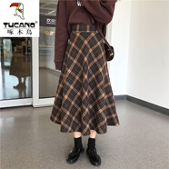 啄木鳥2025年秋冬季新款毛呢半身裙女格子款寬松a字裙款復(fù)古英倫長款高 格子裙 【松緊腰 】 M 建議穿9-115斤