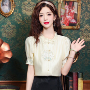 葉紫楓（YEZIFENG）新中式短袖襯衫女2024夏季新款輕國風(fēng)刺繡女士襯衣上衣 杏色 S