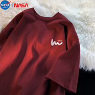 NASA MARVEL短袖T恤男2024夏季新款重磅純棉寬松短袖T恤ins潮流上衣 酒紅色 2XL