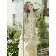 妃莉杋（FeiLiFan）碎花吊帶連衣裙夏季女裝2025年新款法式溫柔風(fēng)甜美收腰顯瘦裙子女 8905綠色外披+吊帶裙子 S 【80-98斤】