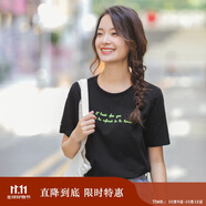 茵曼2025夏季新款女款文藝圓領(lǐng)純棉字母繡花短袖T恤女上衣 黑色  S