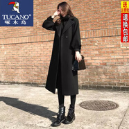 啄木鳥毛呢大衣大1碼毛呢外套女長款過膝 23秋冬新款顯瘦潮款呢子大衣 黑色加棉 加厚夾棉黑色 L 106-124斤