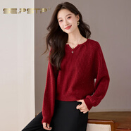 夏典素訂女王（SE.PSTP）慵懶風(fēng)V領(lǐng)鏤空細閃慵懶針織衫歐洲站2025秋季新款韓系別致上衣女 紅色原創(chuàng  )輕奢大品牌官方旗艦 XL