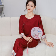 達芬奇密碼冰絲睡衣女士帶胸墊新中式國風(fēng)睡衣薄款新年禮物媽媽本命年紅睡衣 浪花如雪 酒紅(胸墊款) L 【推薦100-120斤】