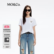 MO&Co.【抗菌防螨】棉質(zhì)T恤春秋愛心切割水鉆綴飾刺繡短袖黑色白色 漂白色 L