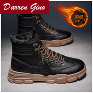 Darren Gino高腰馬丁男靴子冬季加厚保暖雪地靴工裝男鞋皮面防水防滑加絨棉鞋 黑色(加絨款)_[軟皮牌子高檔新款名牌輕便潮牌] 44碼-[適合秋季冬季秋天冬天秋冬款穿的鞋子]
